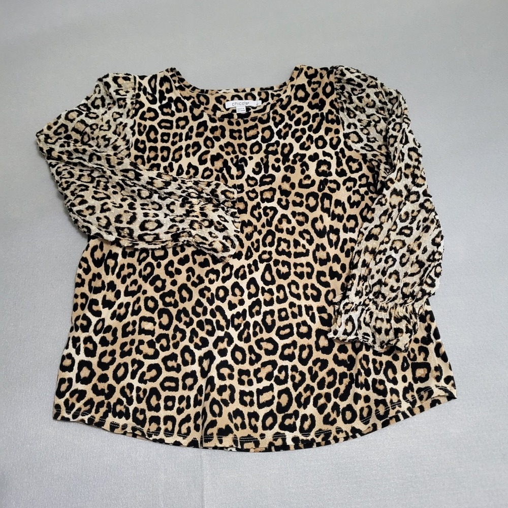 Chico's Animal Print Long Sheer Sleeve Blouse Top Women's 1 M‎